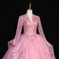 Long Sleeve V-Neck Quinceanera Prom Dress Gala Evening Dress Tulle Ball Gown