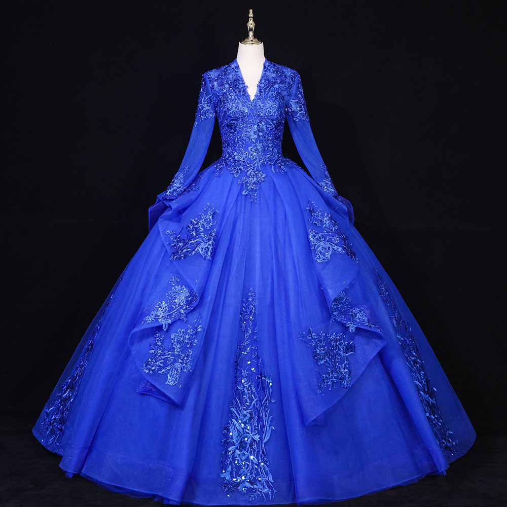 Long Sleeve V-Neck Quinceanera Prom Dress Gala Evening Dress Tulle Ball Gown