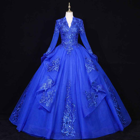 Long Sleeve V-Neck Quinceanera Prom Dress Gala Evening Dress Tulle Ball Gown