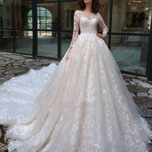 Long Sleeve Wedding Dresses Sweep Train Lace Applique A Line Bridal Gown