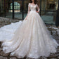 Long Sleeve Wedding Dresses Sweep Train Lace Applique A Line Bridal Gown