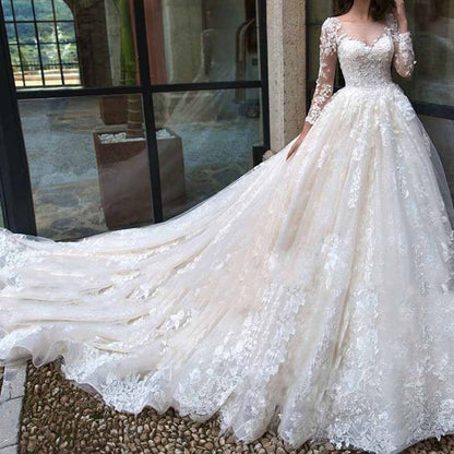 Long Sleeve Wedding Dresses Sweep Train Lace Applique A Line Bridal Gown