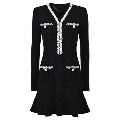 Long Sleeves Beaded V-Neck Tailored Mini Dresses