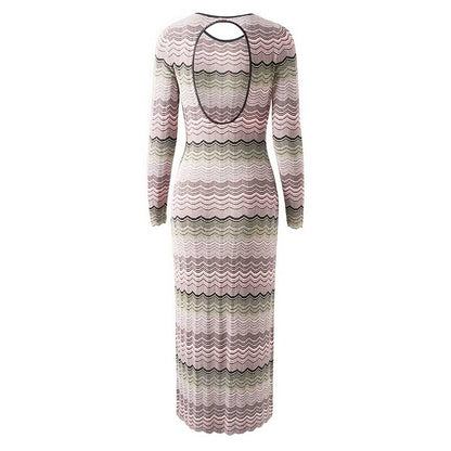 Long Sleeves Multi-Knitted Midi Dress Cut-Out Back Long Dress