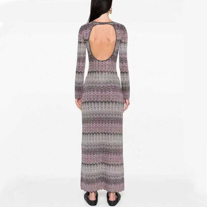 Long Sleeves Multi-Knitted Midi Dress Cut-Out Back Long Dress