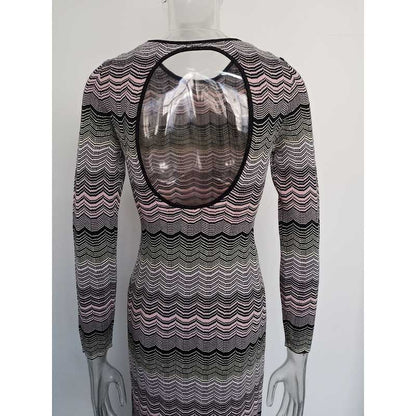 Long Sleeves Multi-Knitted Midi Dress Cut-Out Back Long Dress