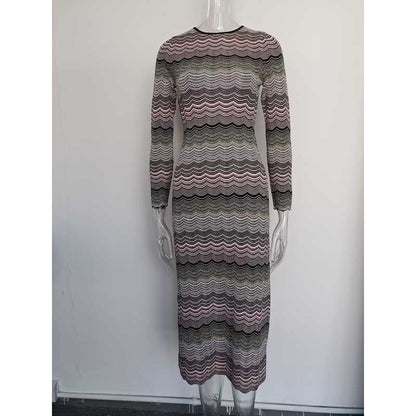 Long Sleeves Multi-Knitted Midi Dress Cut-Out Back Long Dress