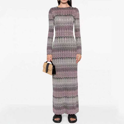 Long Sleeves Multi-Knitted Midi Dress Cut-Out Back Long Dress