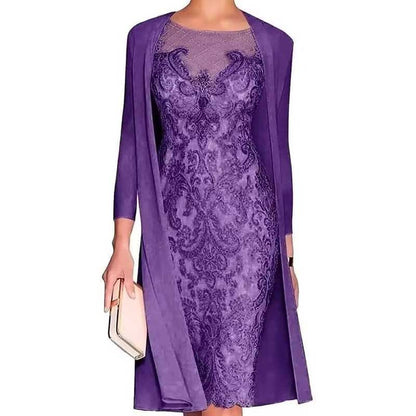 Long Sleeve Tea Length Lace Applique 2 Pieces Mother of The Bride Dresses with Jacket