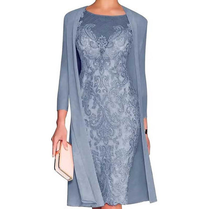 Long Sleeve Tea Length Lace Applique 2 Pieces Mother of The Bride Dresses with Jacket