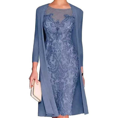 Long Sleeve Tea Length Lace Applique 2 Pieces Mother of The Bride Dresses with Jacket