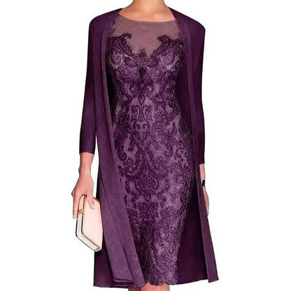Long Sleeve Tea Length Lace Applique 2 Pieces Mother of The Bride Dresses with Jacket