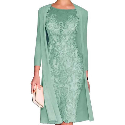 Long Sleeve Tea Length Lace Applique 2 Pieces Mother of The Bride Dresses with Jacket