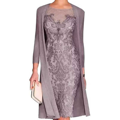 Long Sleeve Tea Length Lace Applique 2 Pieces Mother of The Bride Dresses with Jacket