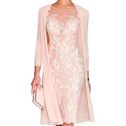 Long Sleeve Tea Length Lace Applique 2 Pieces Mother of The Bride Dresses with Jacket