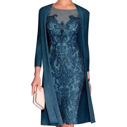 Long Sleeve Tea Length Lace Applique 2 Pieces Mother of The Bride Dresses with Jacket