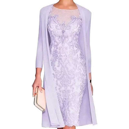 Long Sleeve Tea Length Lace Applique 2 Pieces Mother of The Bride Dresses with Jacket
