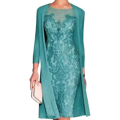 Long Sleeve Tea Length Lace Applique 2 Pieces Mother of The Bride Dresses with Jacket