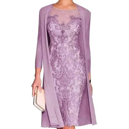 Long Sleeve Tea Length Lace Applique 2 Pieces Mother of The Bride Dresses with Jacket