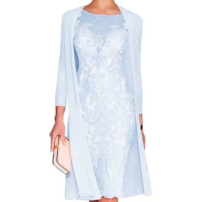 Long Sleeve Tea Length Lace Applique 2 Pieces Mother of The Bride Dresses with Jacket