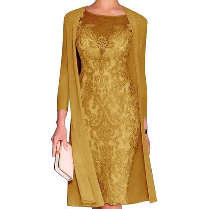 Long Sleeve Tea Length Lace Applique 2 Pieces Mother of The Bride Dresses with Jacket