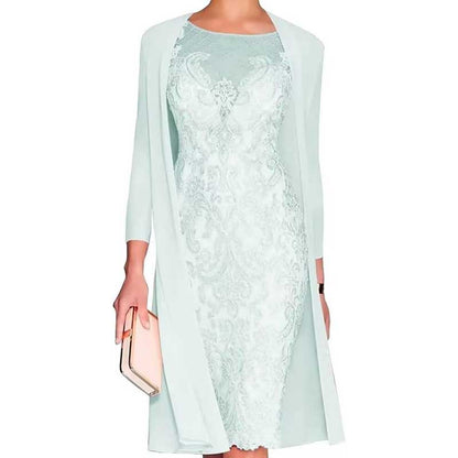 Long Sleeve Tea Length Lace Applique 2 Pieces Mother of The Bride Dresses with Jacket