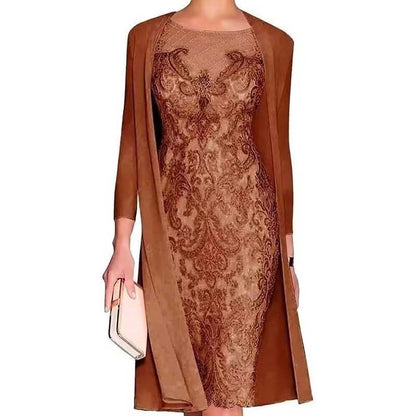Long Sleeve Tea Length Lace Applique 2 Pieces Mother of The Bride Dresses with Jacket