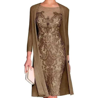 Long Sleeve Tea Length Lace Applique 2 Pieces Mother of The Bride Dresses with Jacket