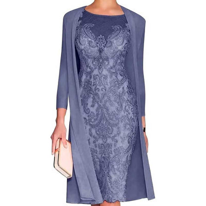 Long Sleeve Tea Length Lace Applique 2 Pieces Mother of The Bride Dresses with Jacket