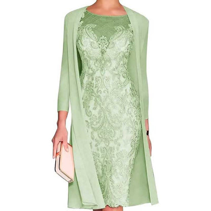 Long Sleeve Tea Length Lace Applique 2 Pieces Mother of The Bride Dresses with Jacket
