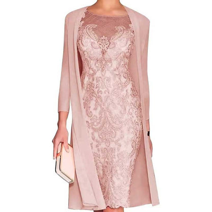 Long Sleeve Tea Length Lace Applique 2 Pieces Mother of The Bride Dresses with Jacket