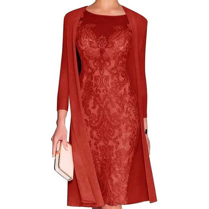 Long Sleeve Tea Length Lace Applique 2 Pieces Mother of The Bride Dresses with Jacket