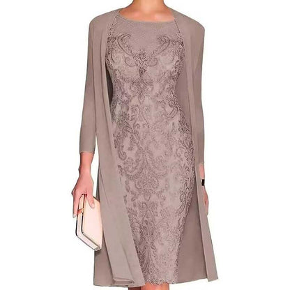 Long Sleeve Tea Length Lace Applique 2 Pieces Mother of The Bride Dresses with Jacket