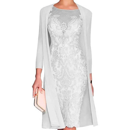 Long Sleeve Tea Length Lace Applique 2 Pieces Mother of The Bride Dresses with Jacket