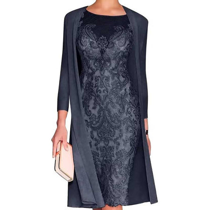 Long Sleeve Tea Length Lace Applique 2 Pieces Mother of The Bride Dresses with Jacket