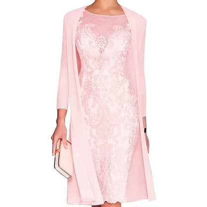 Long Sleeve Tea Length Lace Applique 2 Pieces Mother of The Bride Dresses with Jacket