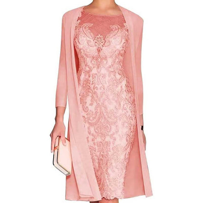 Long Sleeve Tea Length Lace Applique 2 Pieces Mother of The Bride Dresses with Jacket