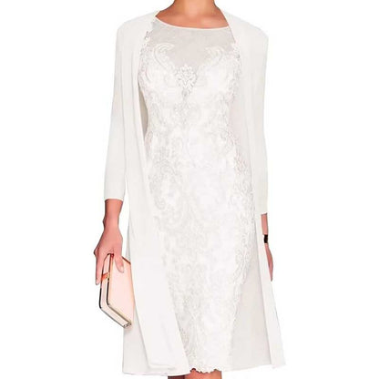 Long Sleeve Tea Length Lace Applique 2 Pieces Mother of The Bride Dresses with Jacket