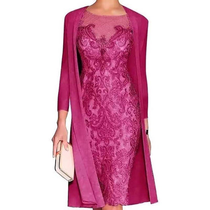 Long Sleeve Tea Length Lace Applique 2 Pieces Mother of The Bride Dresses with Jacket
