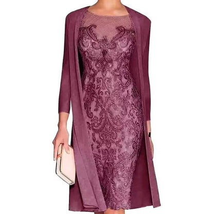 Long Sleeve Tea Length Lace Applique 2 Pieces Mother of The Bride Dresses with Jacket