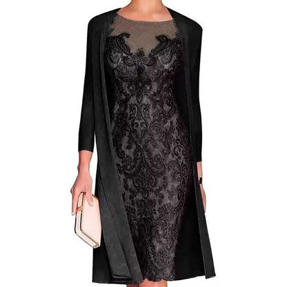 Long Sleeve Tea Length Lace Applique 2 Pieces Mother of The Bride Dresses with Jacket