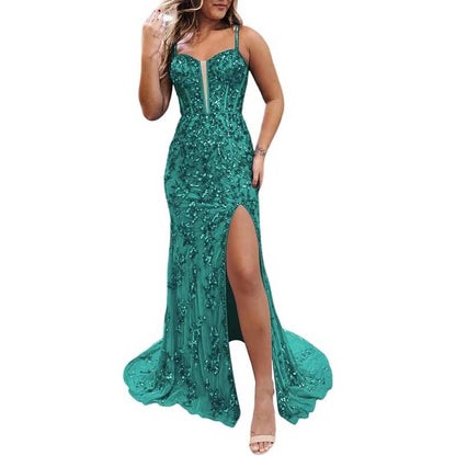 Long Sparkly Spaghetti Strap Prom Dress – Sequins & Beaded Embellishments