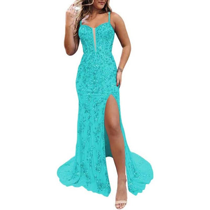 Long Sparkly Spaghetti Strap Prom Dress – Sequins & Beaded Embellishments