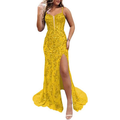 Long Sparkly Spaghetti Strap Prom Dress – Sequins & Beaded Embellishments