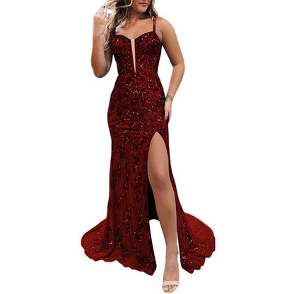Long Sparkly Spaghetti Strap Prom Dress – Sequins & Beaded Embellishments