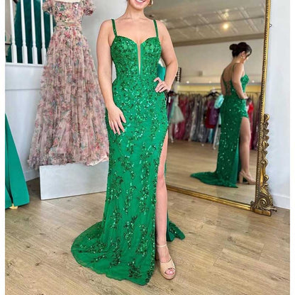 Long Sparkly Spaghetti Strap Prom Dress – Sequins & Beaded Embellishments