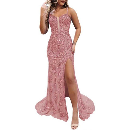 Long Sparkly Spaghetti Strap Prom Dress – Sequins & Beaded Embellishments