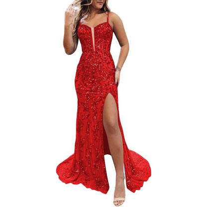 Long Sparkly Spaghetti Strap Prom Dress – Sequins & Beaded Embellishments