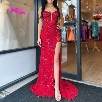 Long Sparkly Spaghetti Strap Prom Dress – Sequins & Beaded Embellishments