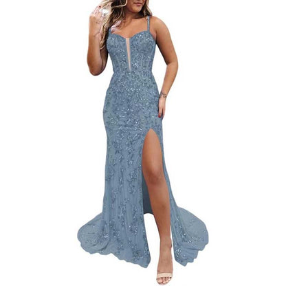 Long Sparkly Spaghetti Strap Prom Dress – Sequins & Beaded Embellishments